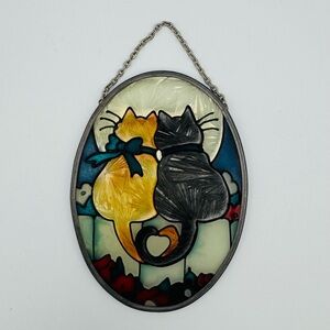 Joan Baker Vintage Oval Sun Catcher 2 CATS Hand Painted Frosted Stained Glass